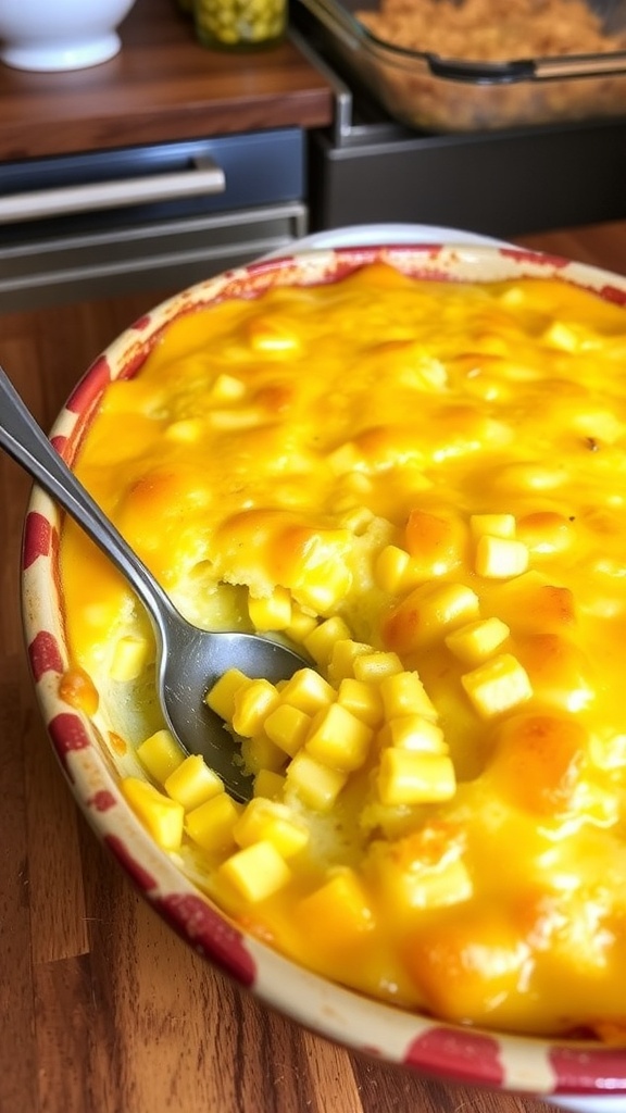 A cheesy corn casserole with golden cheese topping and sweet corn, served in a rustic dish.